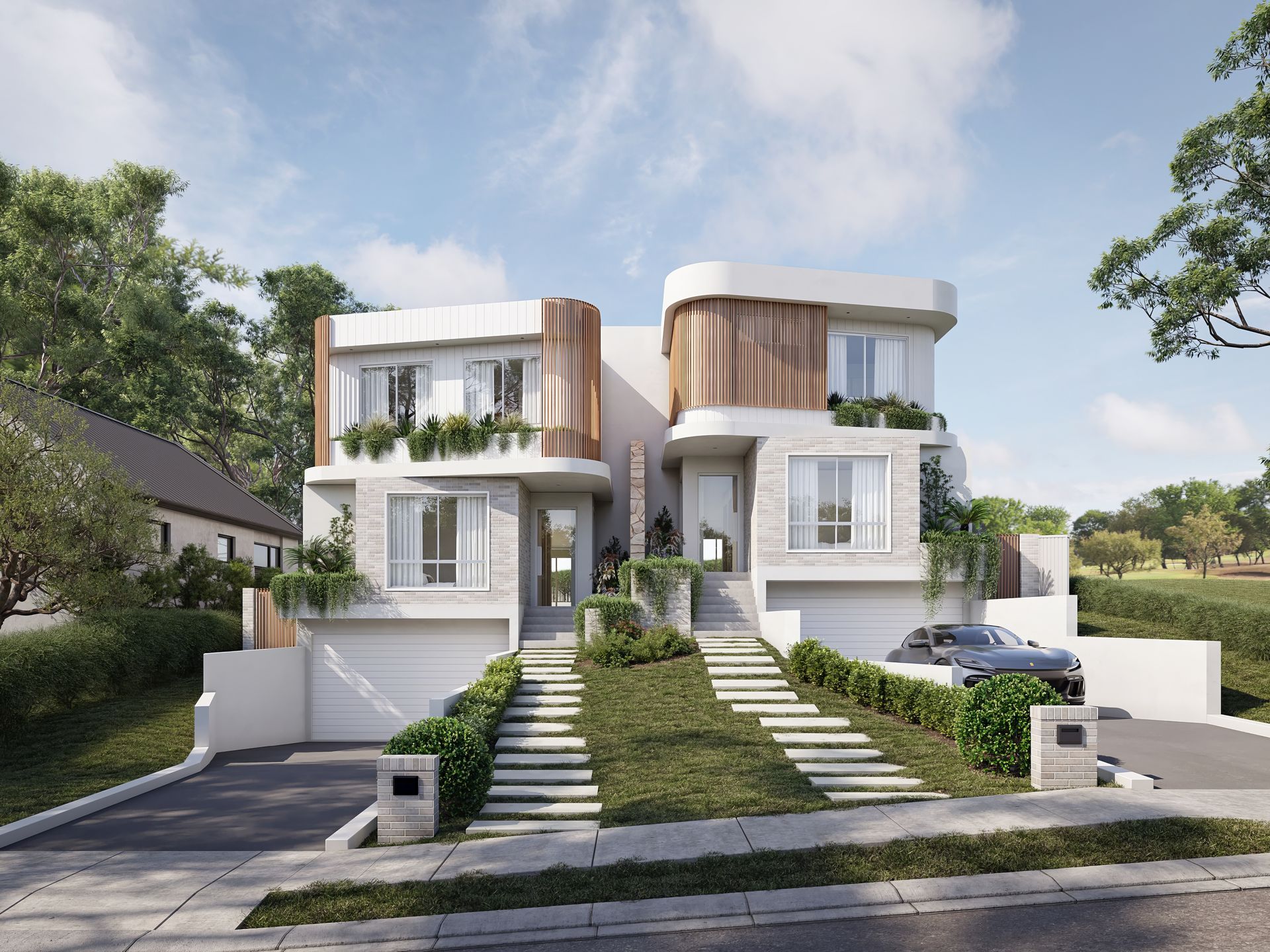 Two Modern, White Duplex Homes With Greenery, Sunny Day — Gracia Building Design In Kiama, NSW