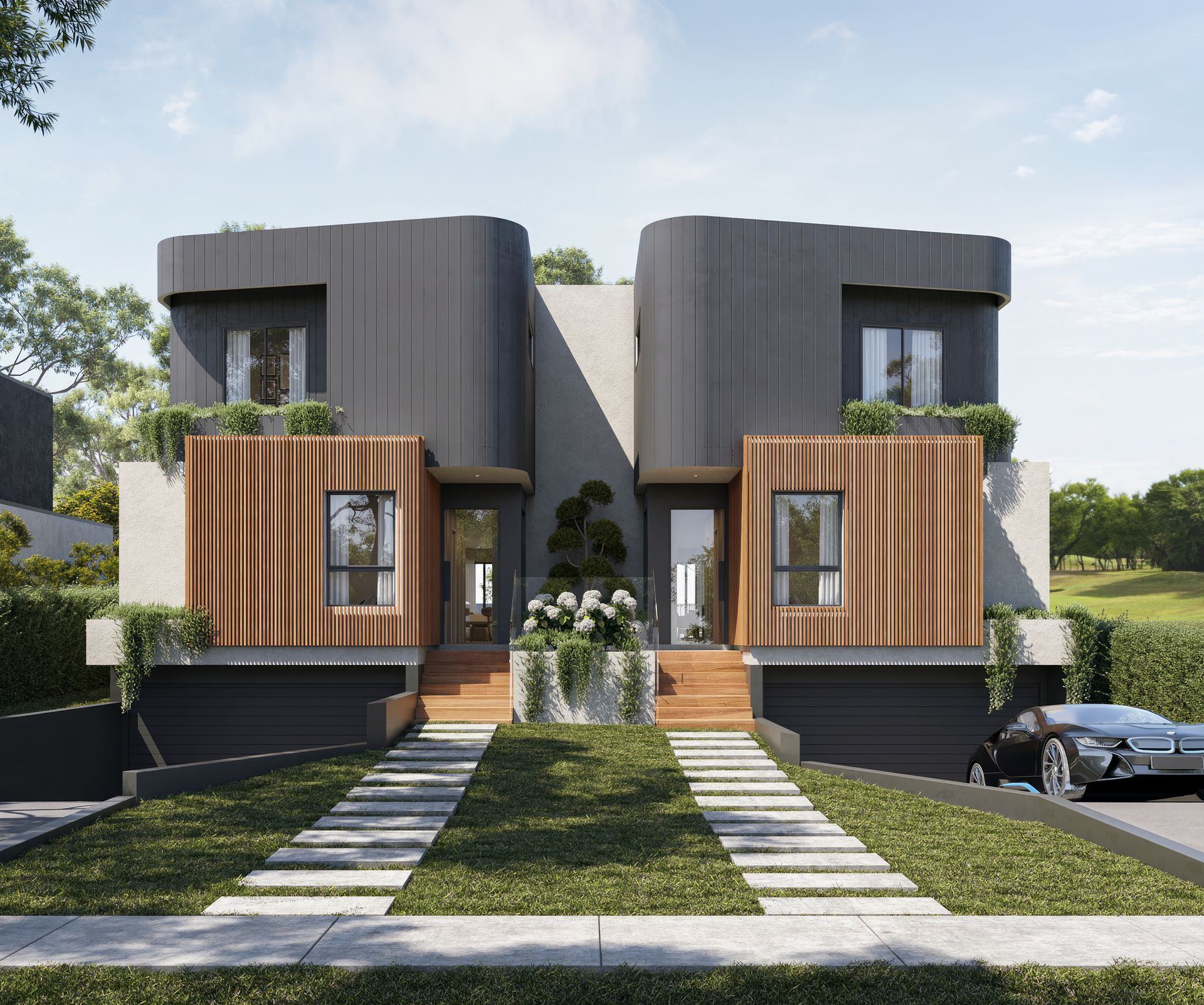 Modern Gray and Wood Duplex With Manicured Landscaping — Gracia Building Design In Kiama, NSW