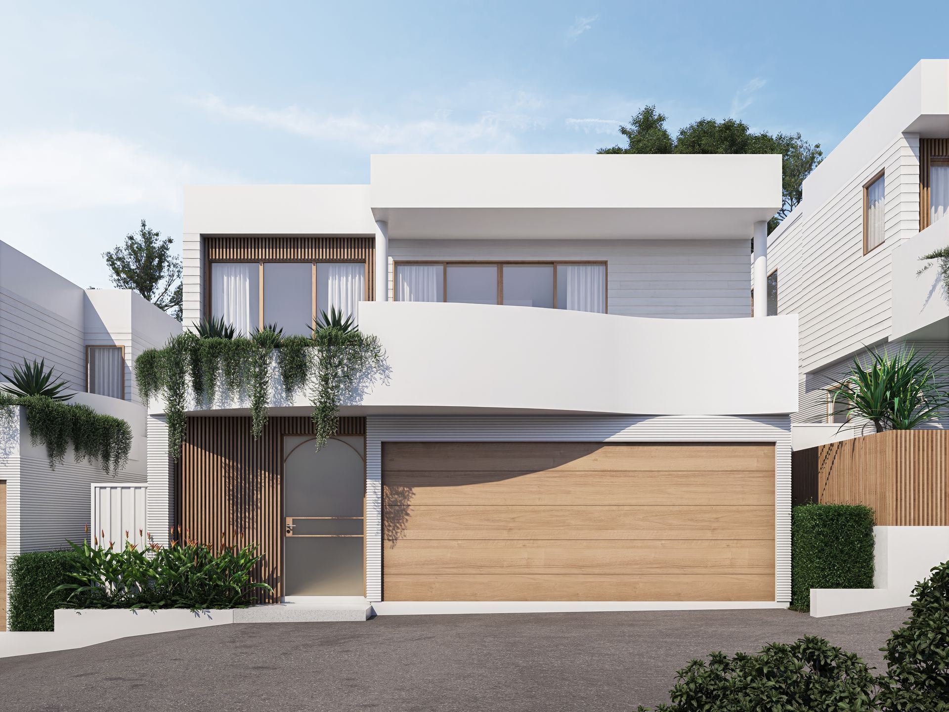 Two-story Modern White House With a Wooden Garage Door and Balcony — Gracia Building Design In Kiama, NSW