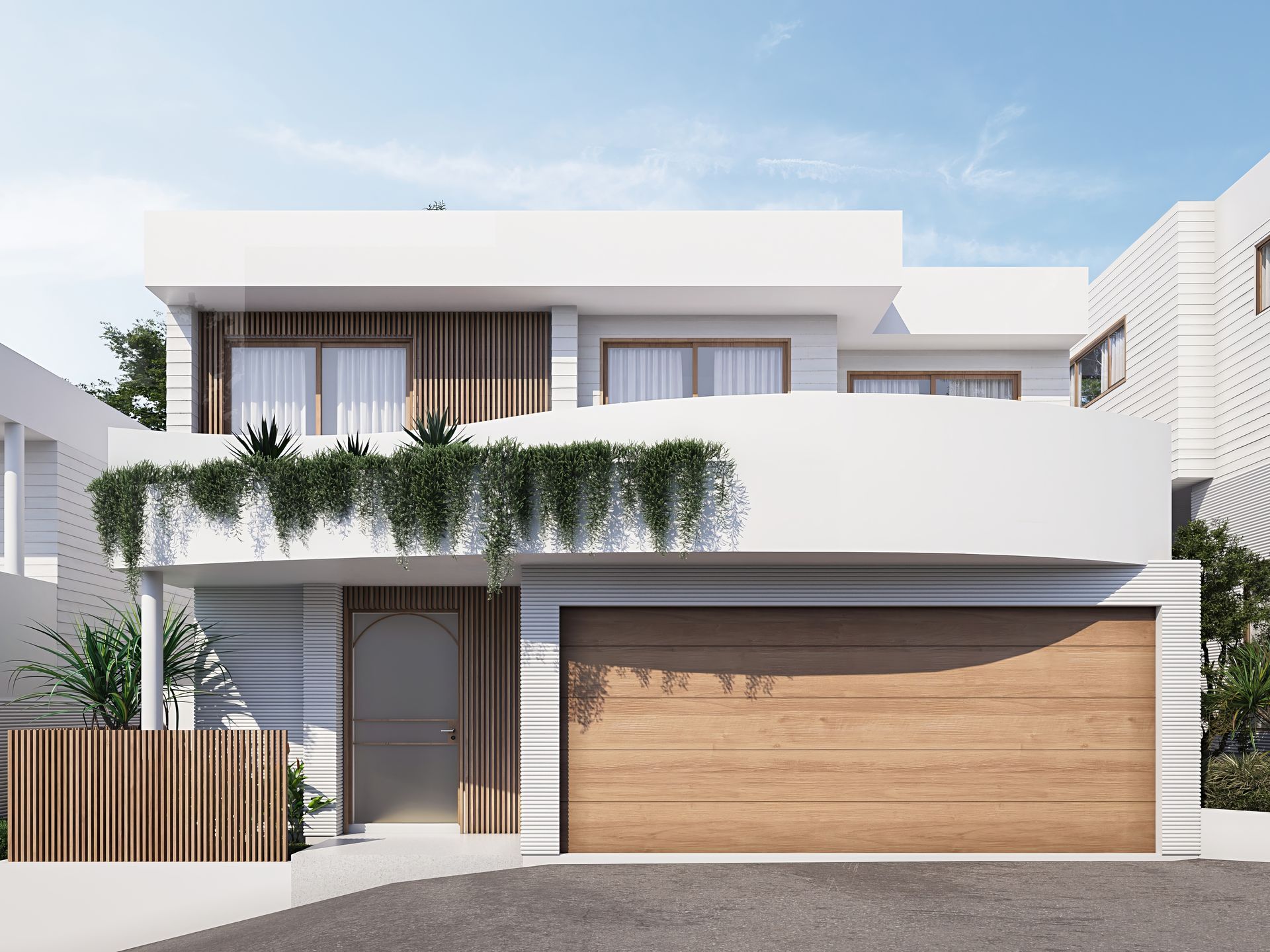 Modern two-story white house with wooden garage door and balcony greenery under a bright sky — Gracia Building Design In Kiama, NSW