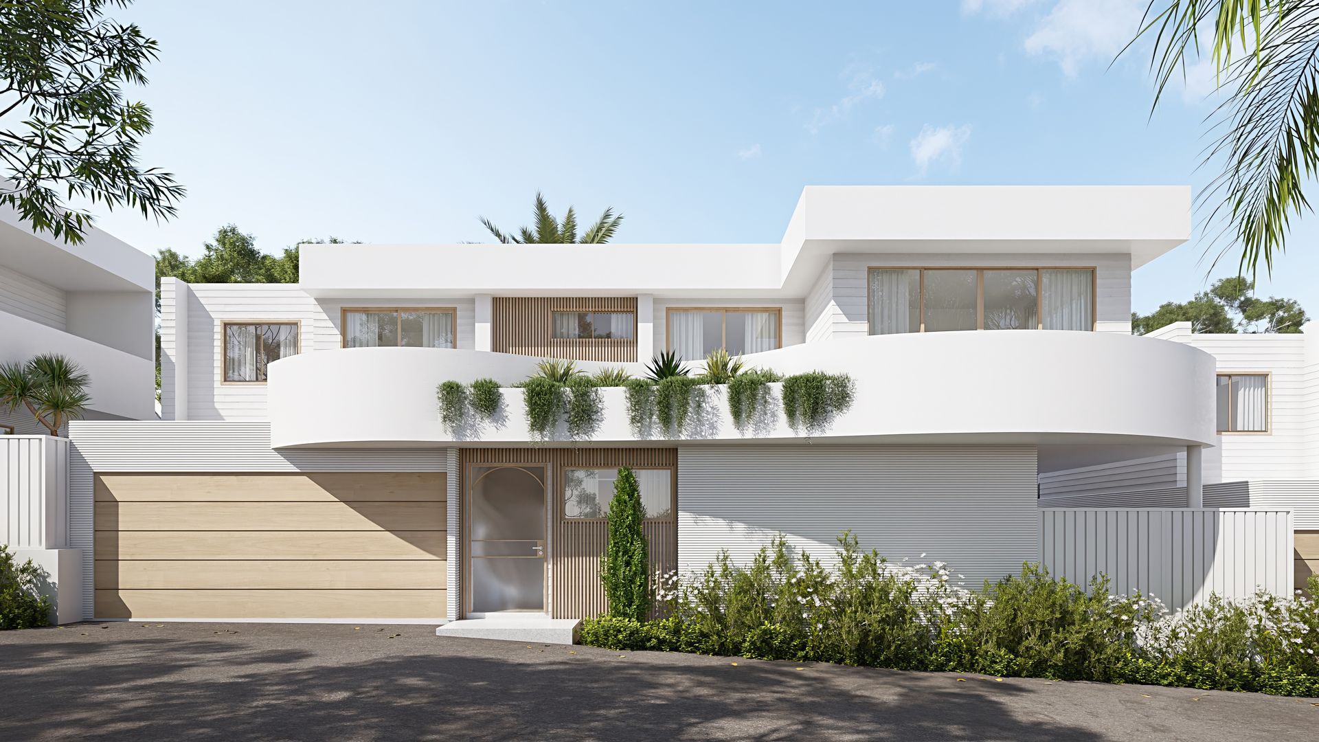 Modern white two-story house with a garage, balcony, and landscaped front entrance — Gracia Building Design In Kiama, NSW