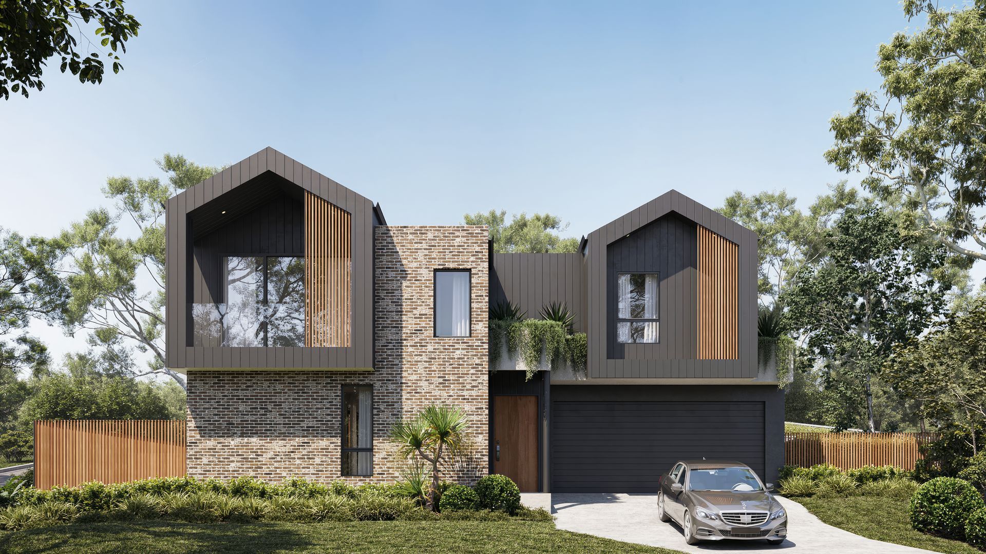 Modern Two-story House With Dark Trim, Stone Accents — Gracia Building Design In South Coast, NSW