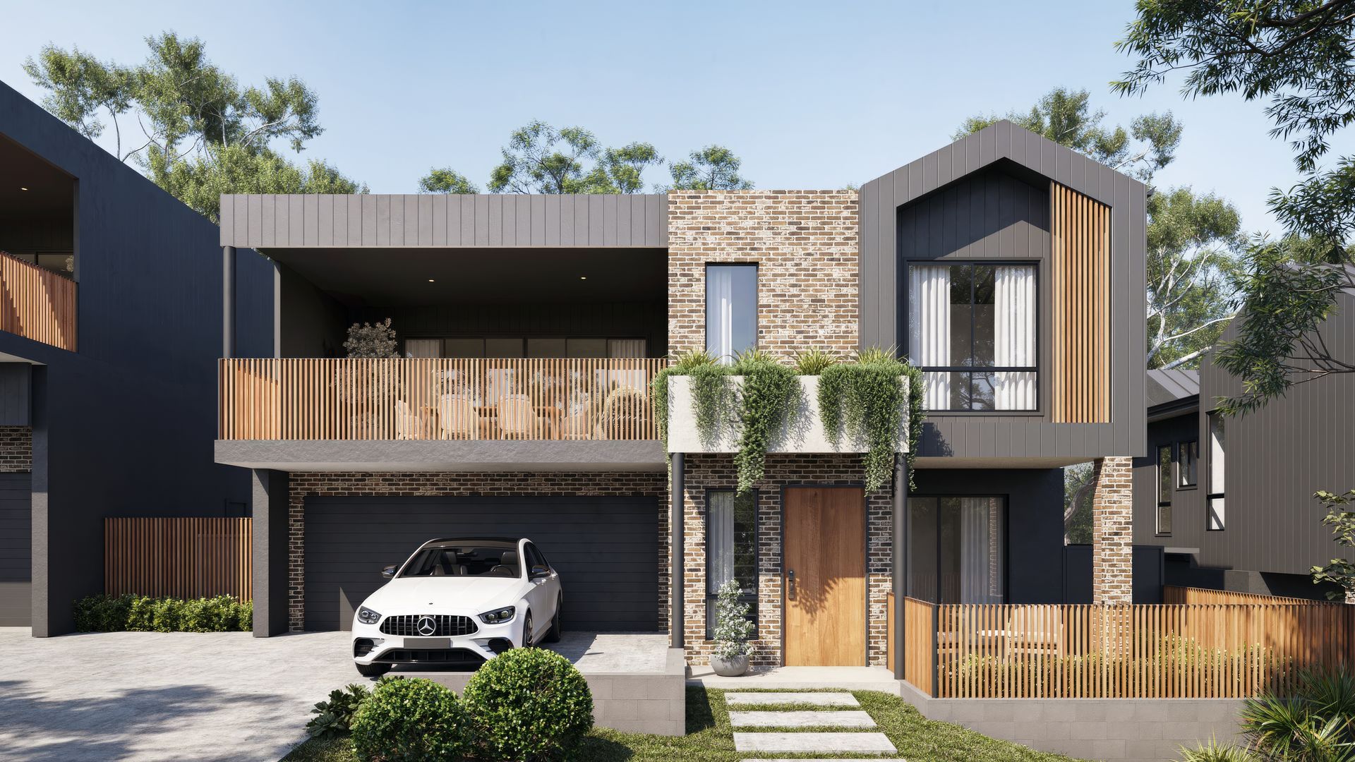 Modern Home Exterior With Stone, Wood, and Dark Grey Facade — Gracia Building Design In Kiama, NSW