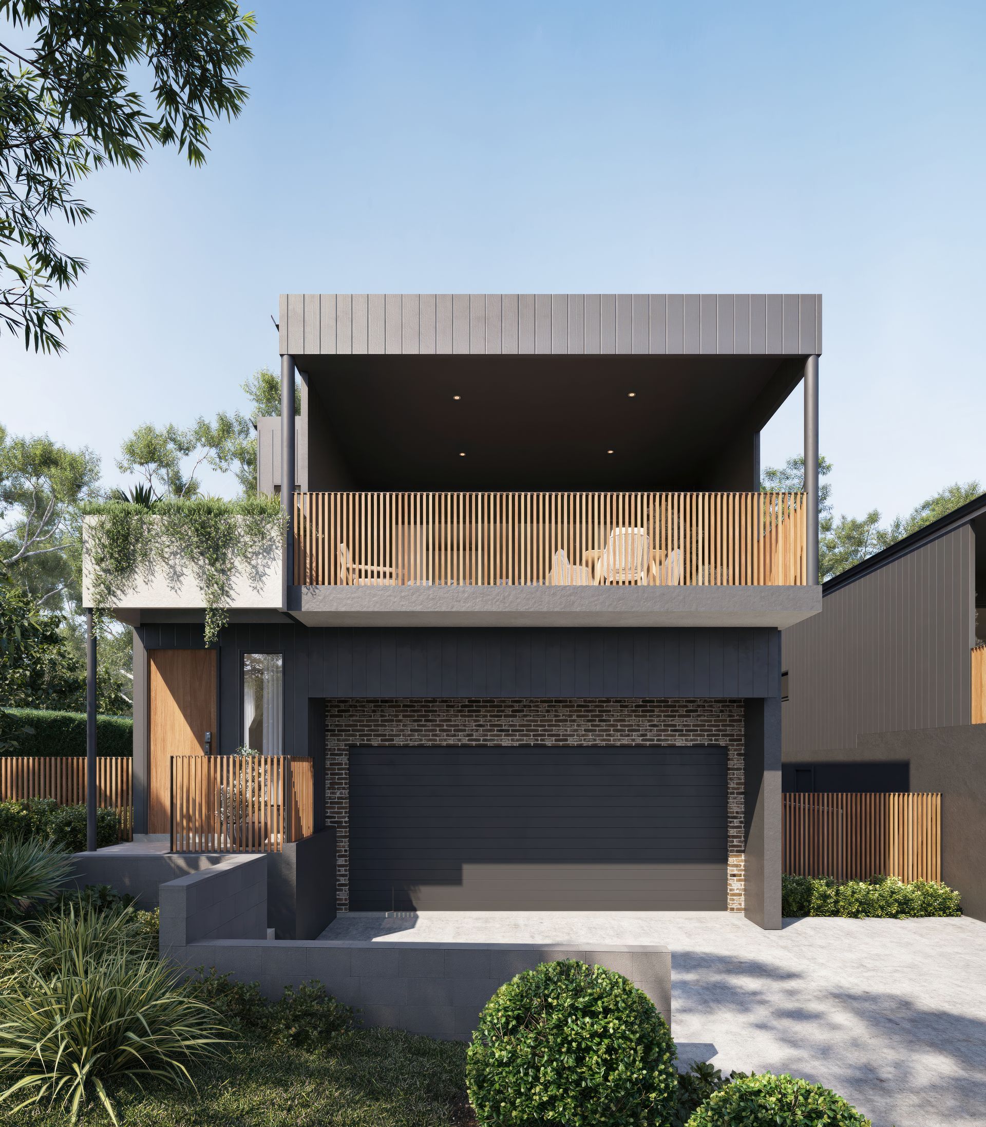 Modern Two-story House With Dark Facade, Wood Balcony — Gracia Building Design In Kiama, NSW