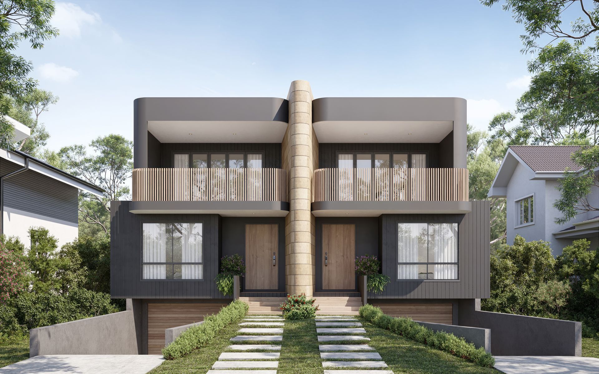Two Modern Gray Townhouses With Wooden Accents — Gracia Building Design In Kiama, NSW