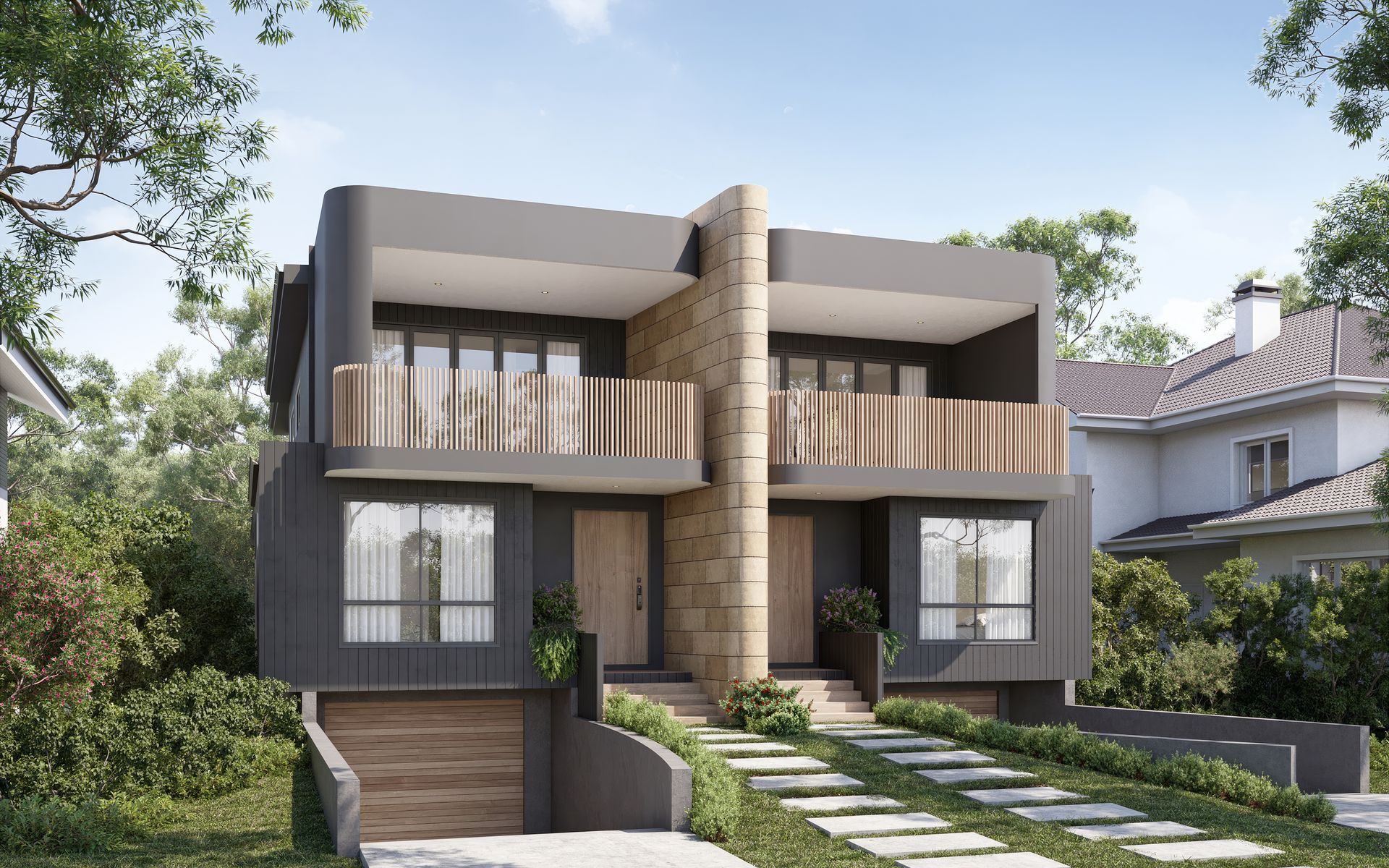 Modern two-story house with stone columns, balcony, and landscaped front steps — Gracia Building Design In Kiama, NSW