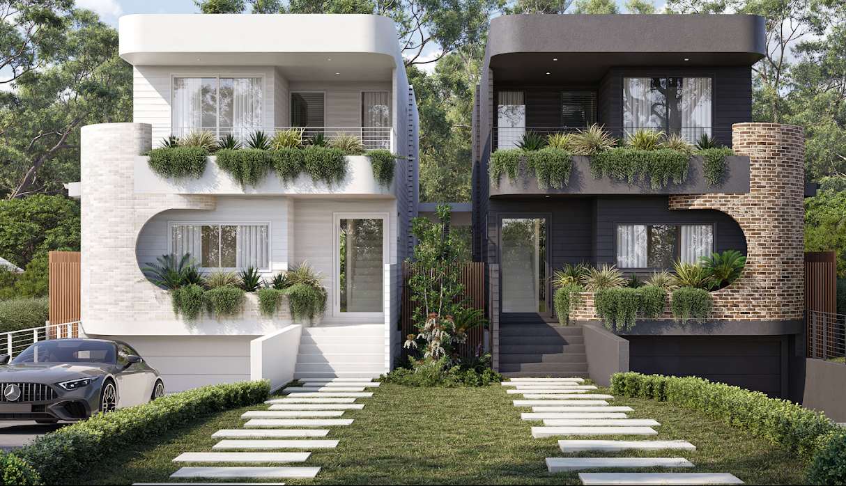 Two modern townhouses, one white and one dark gray, with a shared lawn and stepping-stone path — Gracia Building Design In Kiama, NSW