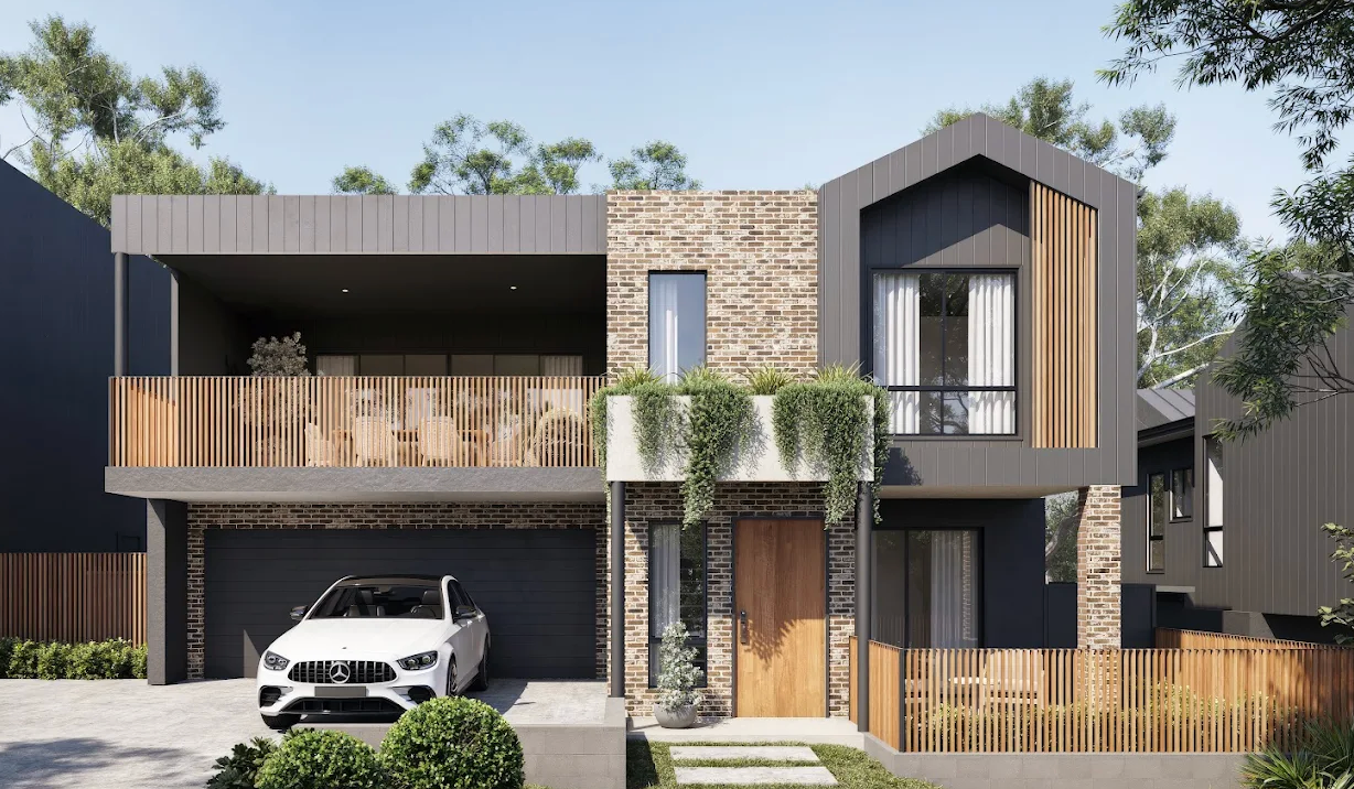A Rendering of a Two-story Modern Home With a Combination of Red Brick — Gracia Building Design In Kiama, NSW