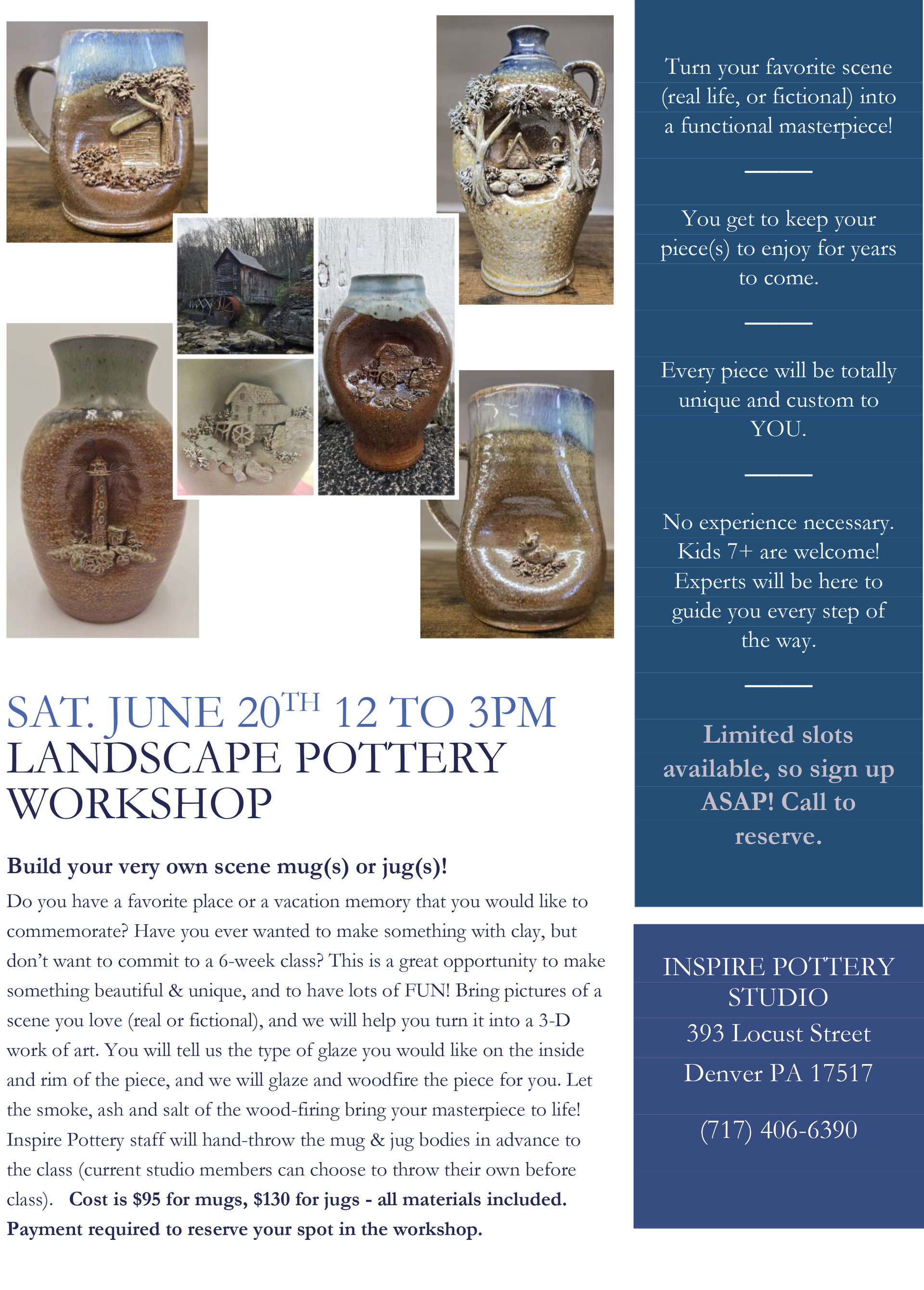 Flyer for a landscape pottery workshop. Includes examples of pottery and details about the event.
