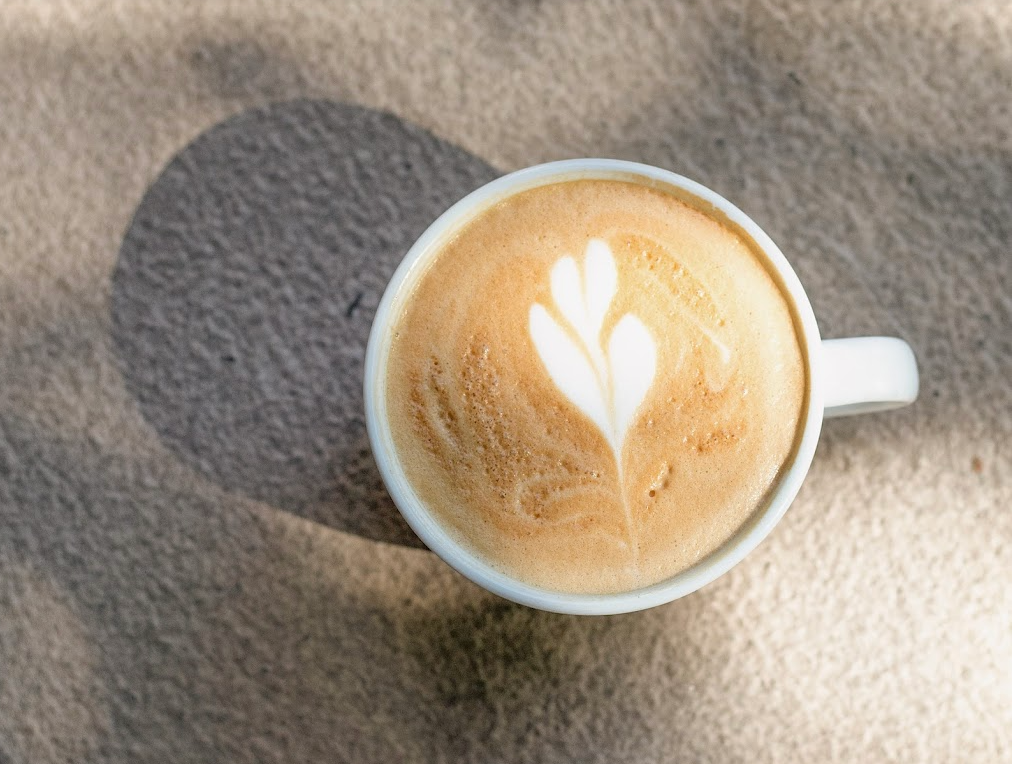 a cup of coffee with a leaf design on the foam in Denver PA