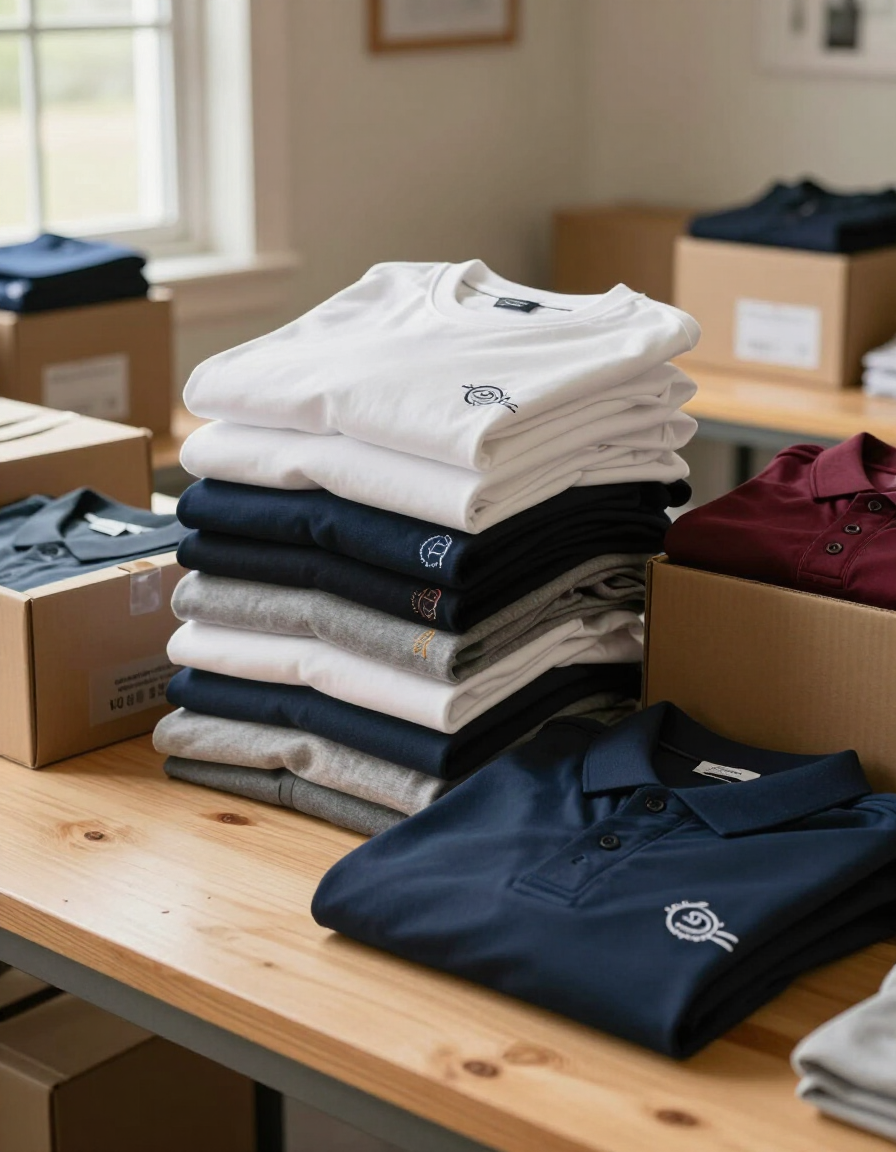 Stacks of folded shirts in white, gray, navy, and burgundy on a wooden table in a room with boxes.
