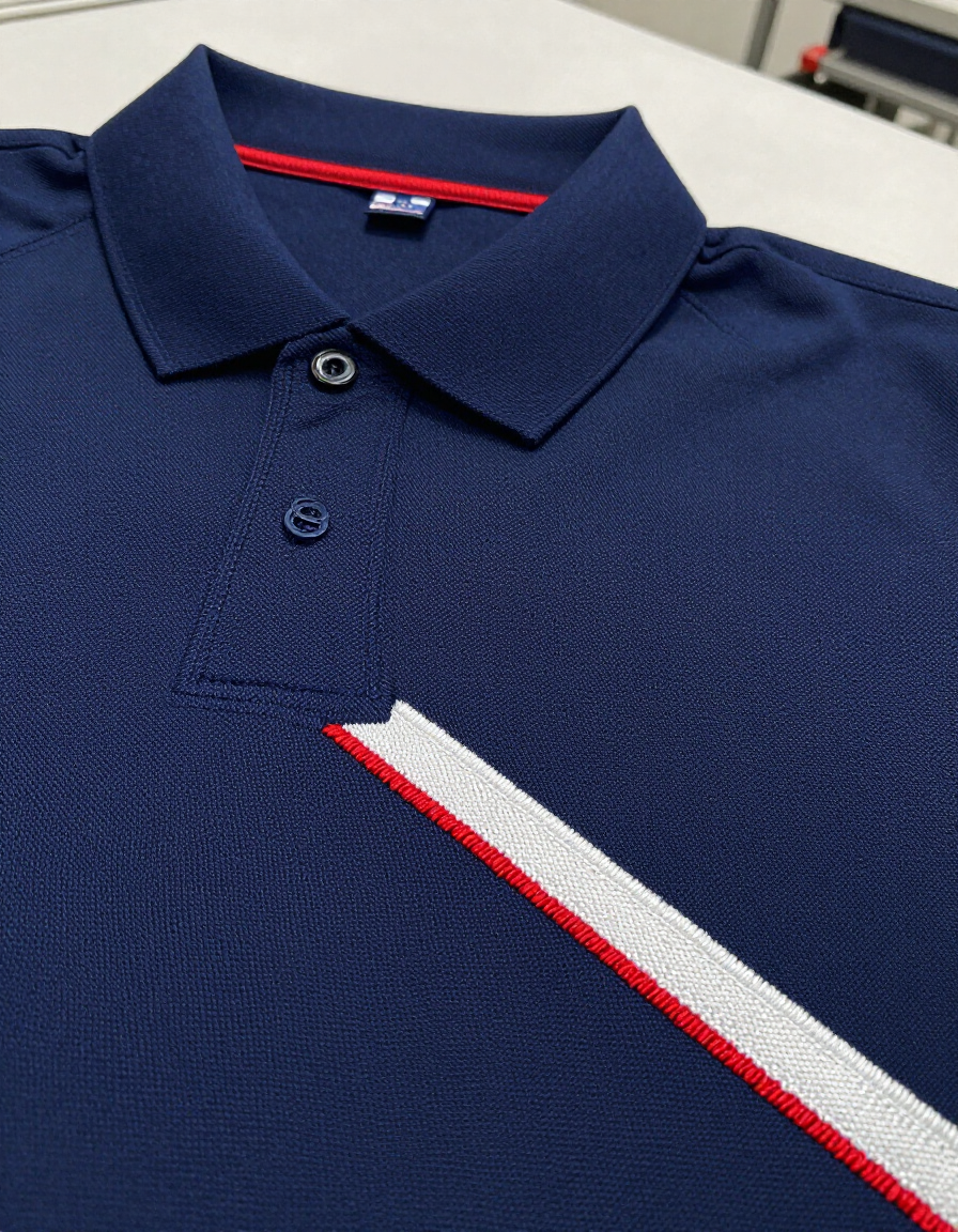 Close-up of embroidery detail on a finished corporate polo