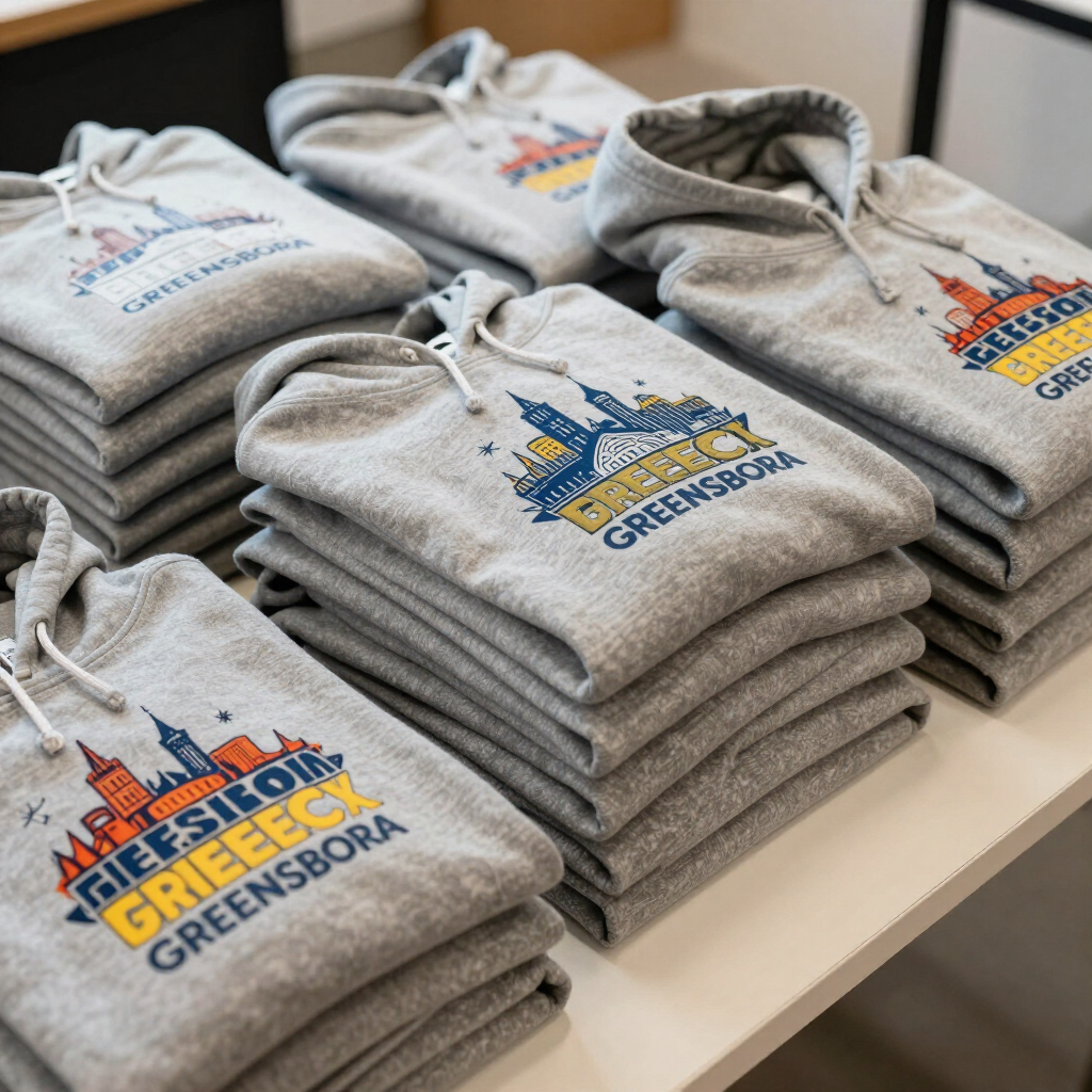 Stack of finished screen-printed hoodies for a local Greensboro event, custom apparel Greensboro NC