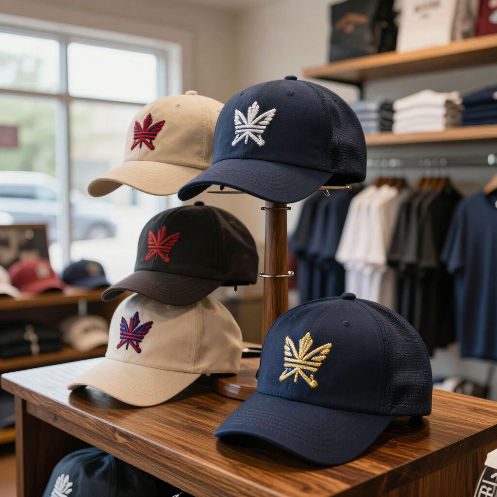 Embroidered caps displayed on a hat rack in the New Leaf Graphics shop, custom apparel Greensboro