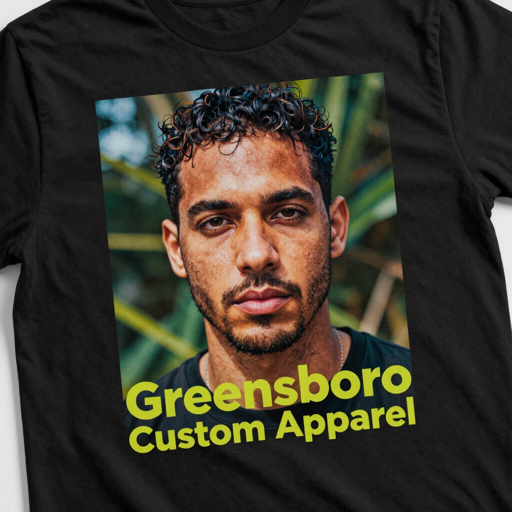 DTF transfer print on dark garment with full-color photographic artwork, custom apparel Greensboro NC