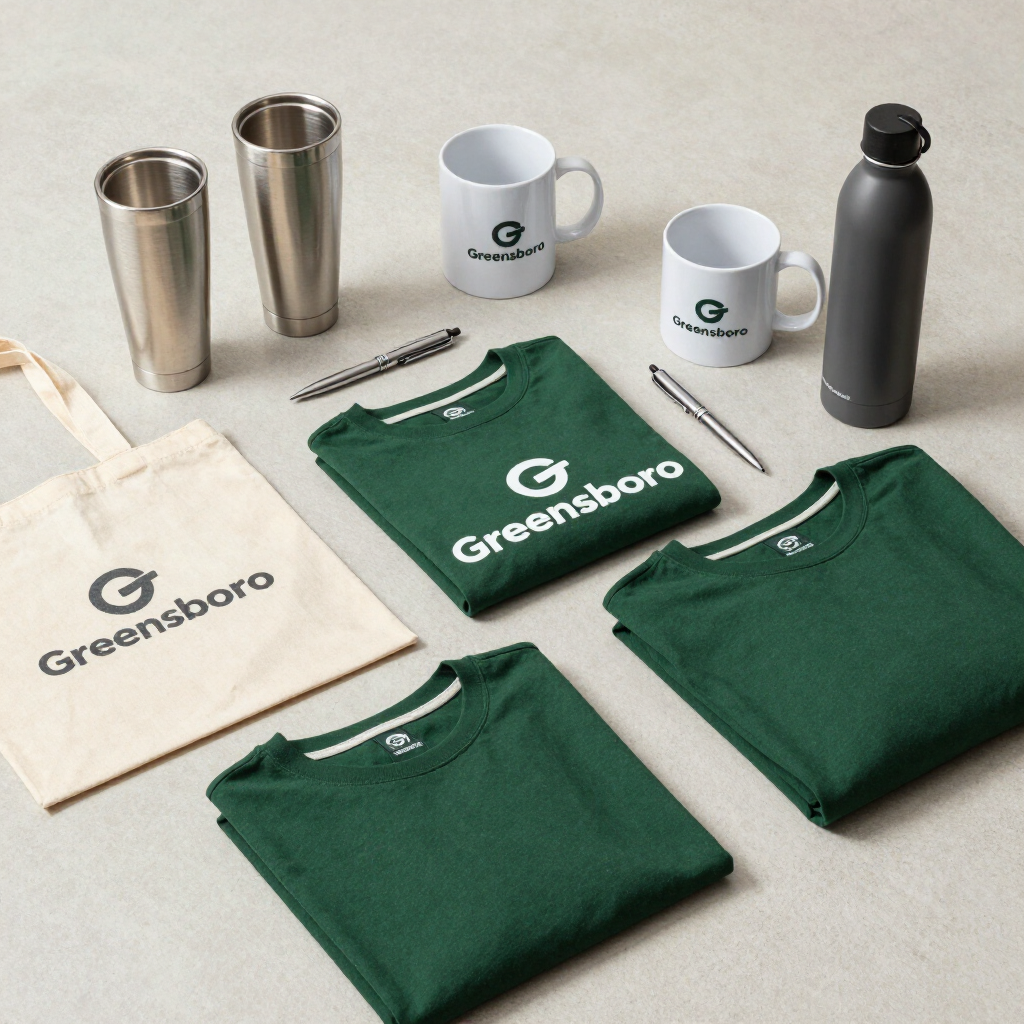 Promotional products flat lay with branded drinkware, pens, and tote bags, custom apparel Greensboro NC