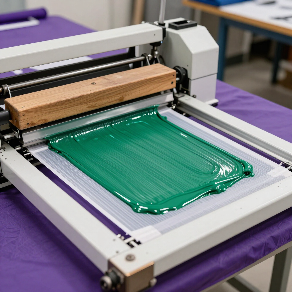 Screen printing press in operation with ink pulled across a mesh frame, custom apparel Greensboro NC