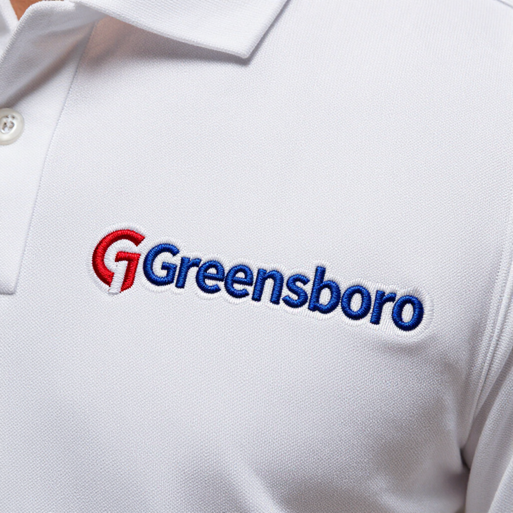 Embroidered polo shirt with corporate logo close-up showing thread texture, custom apparel Greensboro
