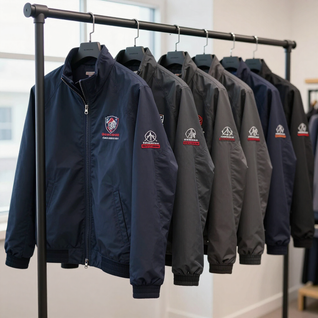 Finished embroidered workwear jackets hanging on a rack, custom apparel Greensboro North Carolina