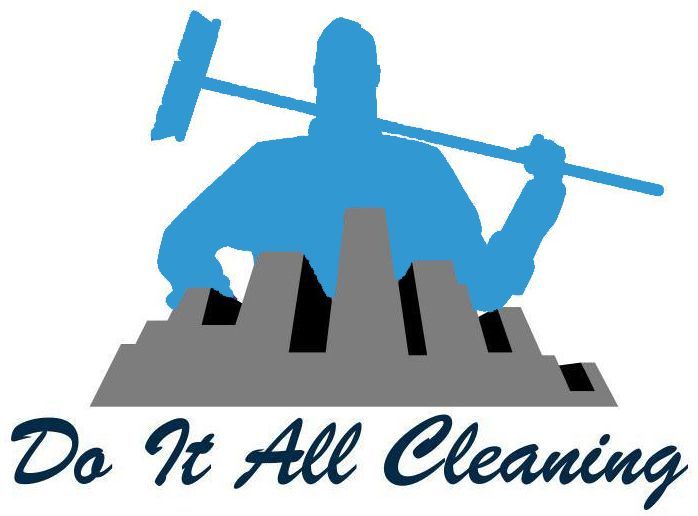 Blue silhouette of a person holding a broom over gray building structures, text 