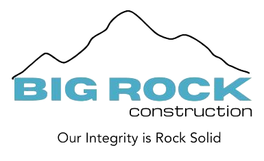Logo for Big Rock Construction with a mountain outline and teal text, slogan 