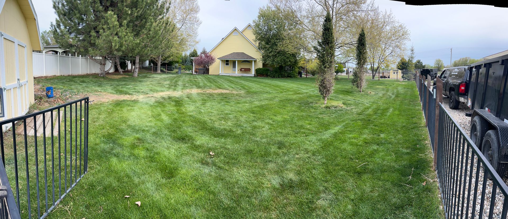 A large lawn with a fence and a house in the background.