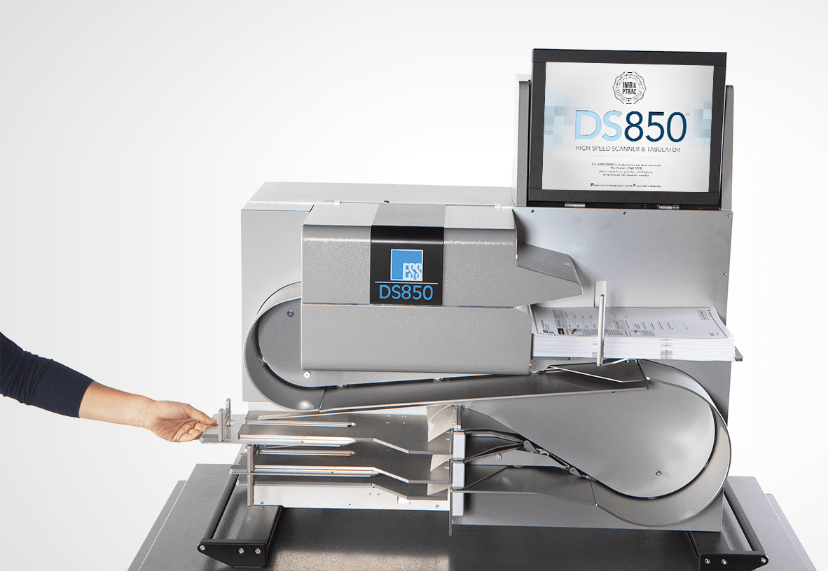 A picture of the gray DS850 high-speed scanner with a digital display and silver metal accents.