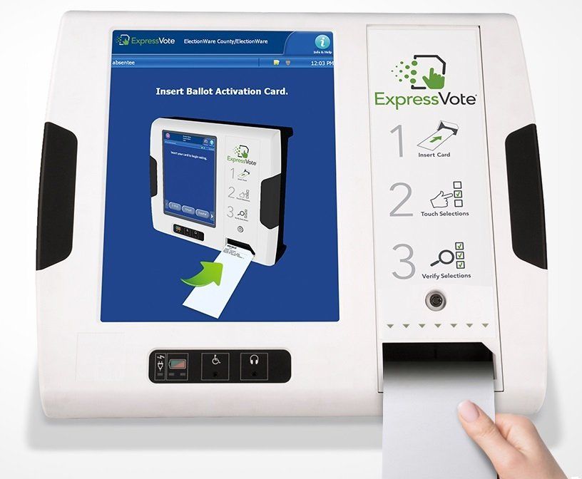 A picture of the ExpressVote device, a large white ballot marking device with a digital screen for selections.