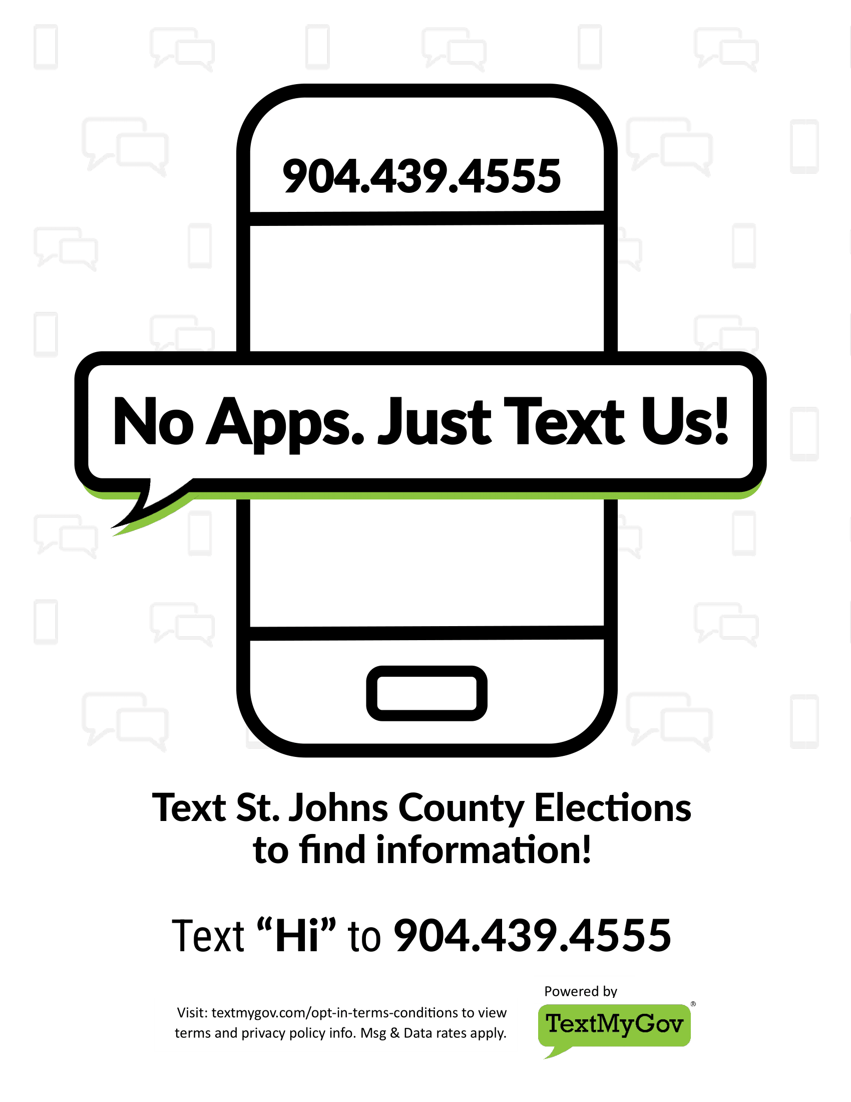 A phone with a speech bubble that says `` no apps , just text us ! ''