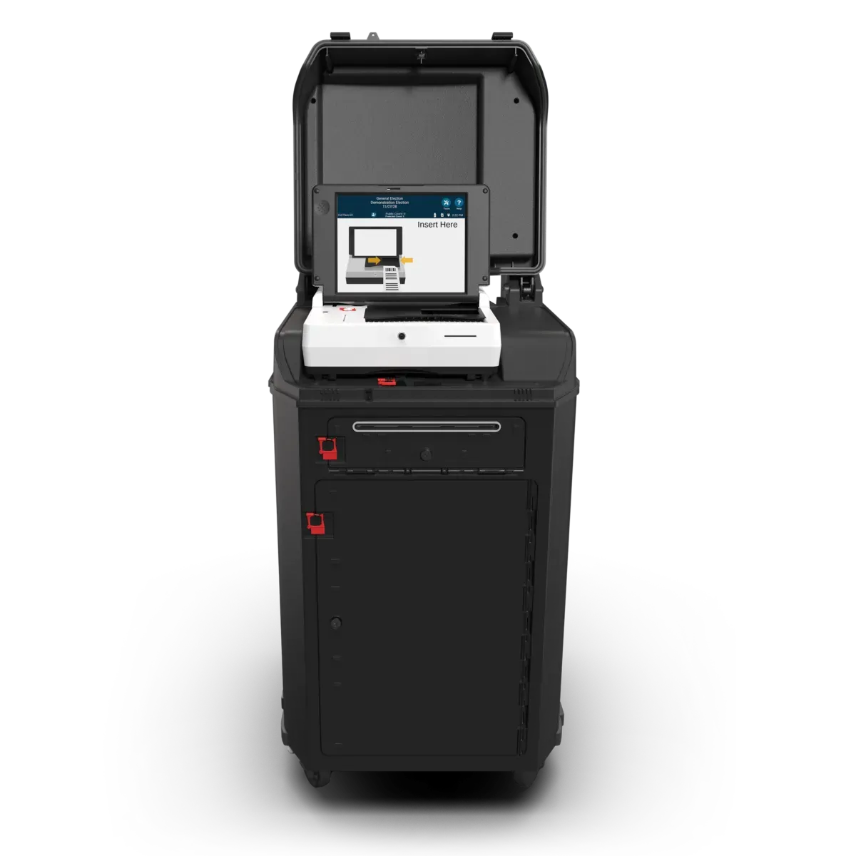 DS300 digital scan tabulator a large black machine with an open lid, a slot for ballots, and a digital screen display.