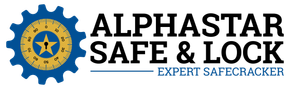 Logo for AlphaStar Safe & Lock, featuring a gear icon and text "EXPERT SAFECRACKER."