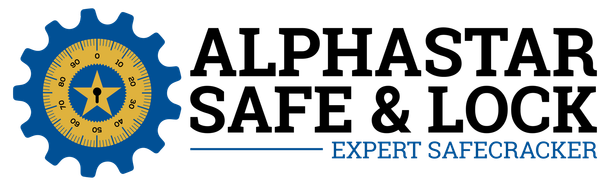 Logo for AlphaStar Safe & Lock, featuring a gear icon and text "EXPERT SAFECRACKER."