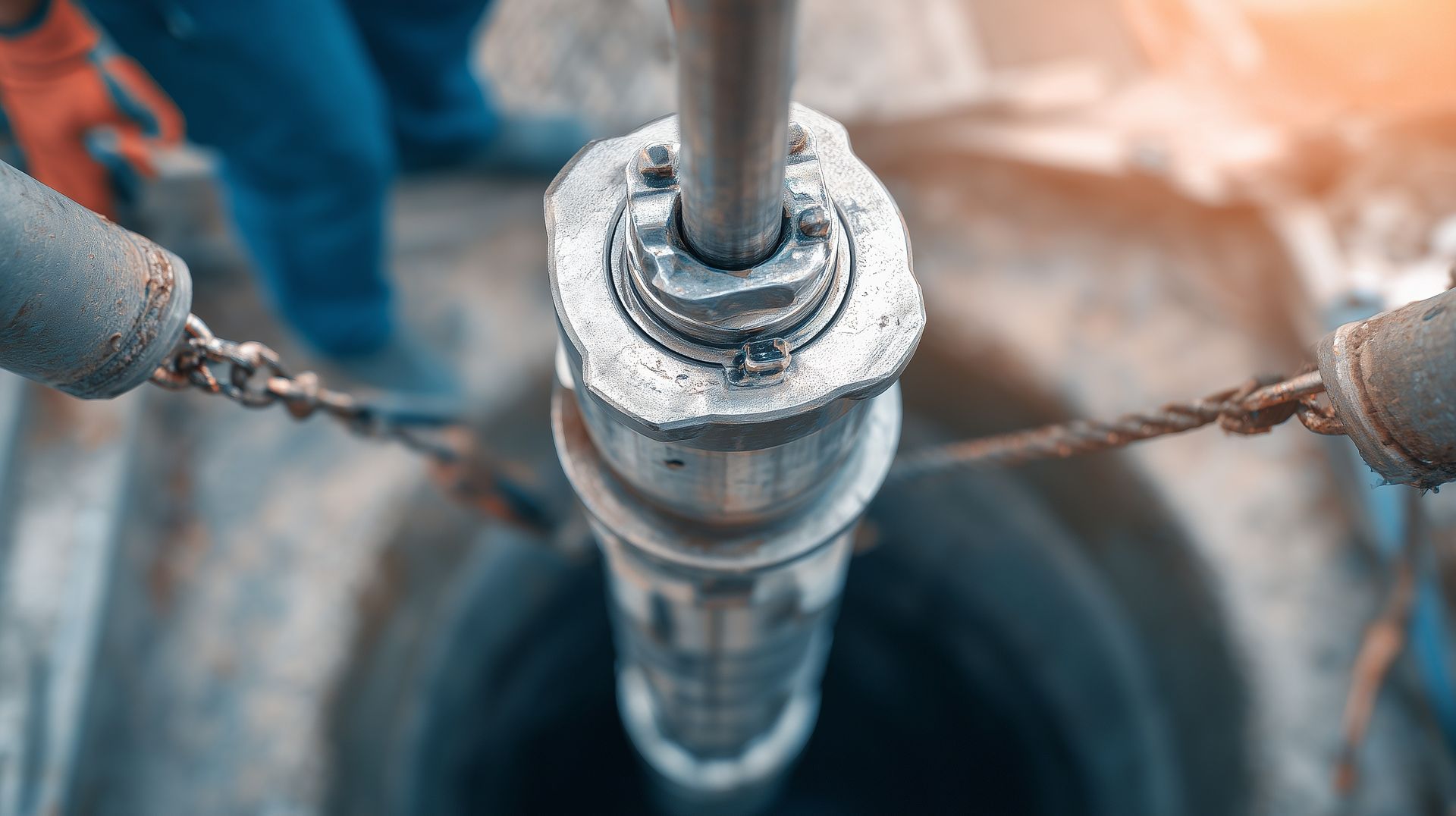Industrial equipment being lowered into a shaft for professional water well repair services.