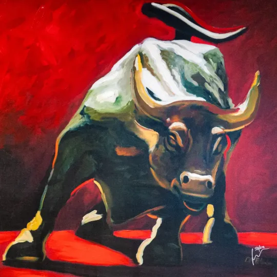 Charging bull painting on a vivid red background, with gold and black highlights