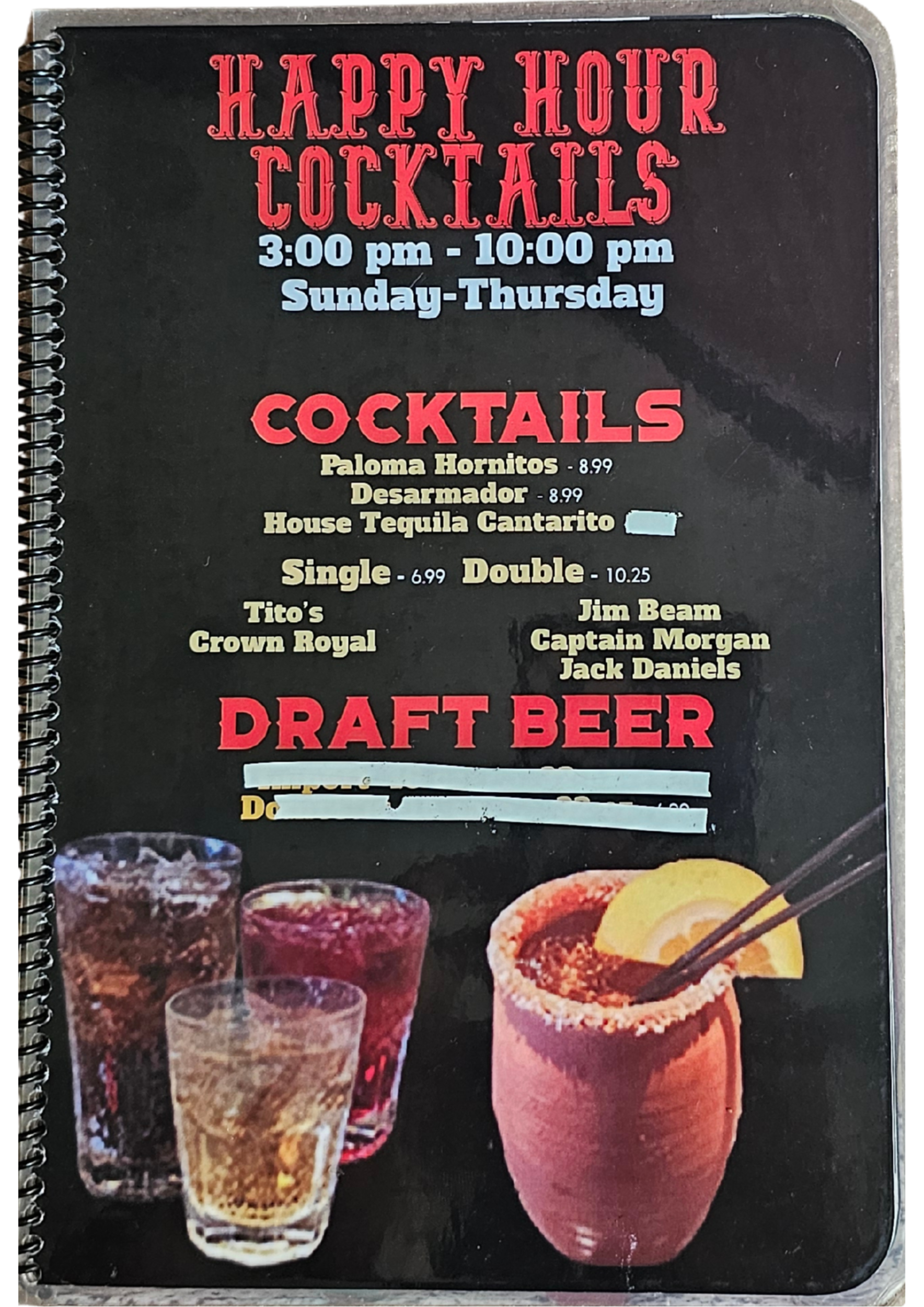 Happy hour cocktails and draft beer menu sign with drinks on a black background