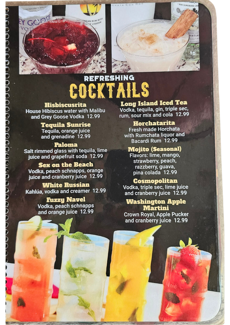 Cocktails menu with drink names and photos of colorful mixed drinks at the bottom