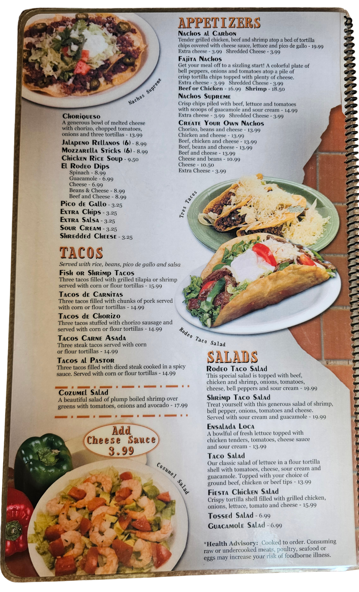Restaurant menu page with food photos and sections for appetizers, tacos, and salads