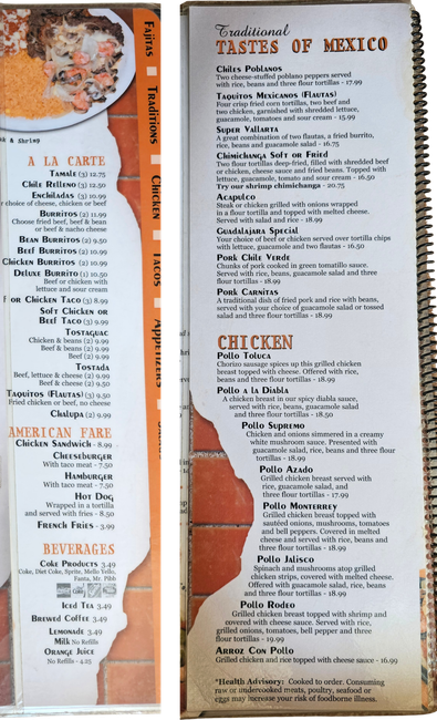 Mexican restaurant menu pages with traditional and a la carte dishes like chile poblano and burritos