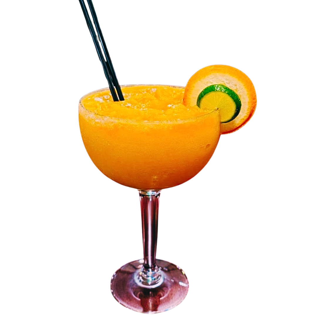Mango margarita in a stemmed glass with black straws and a citrus garnish