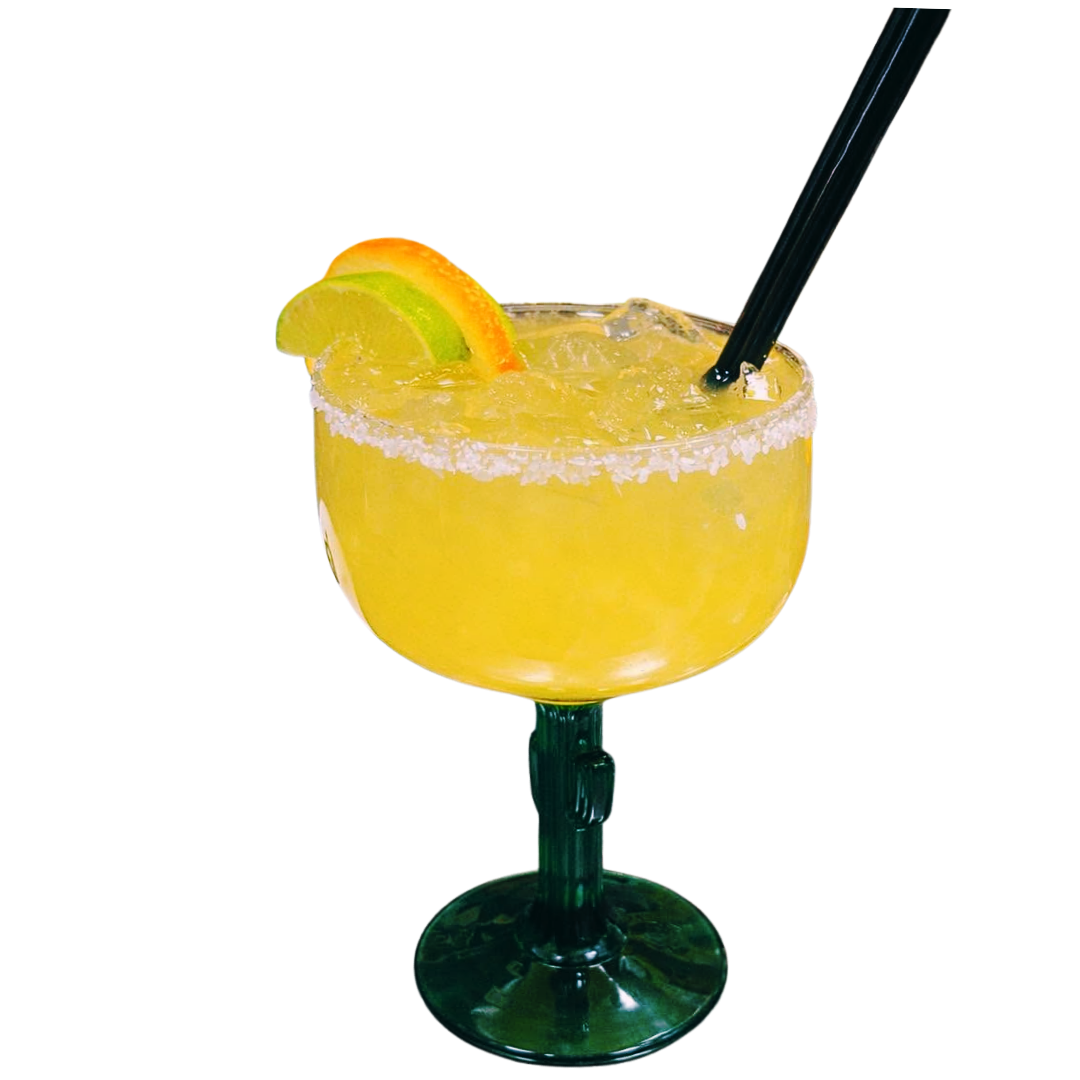 Lime margarita a green stemmed glass with a black straw and orange garnish