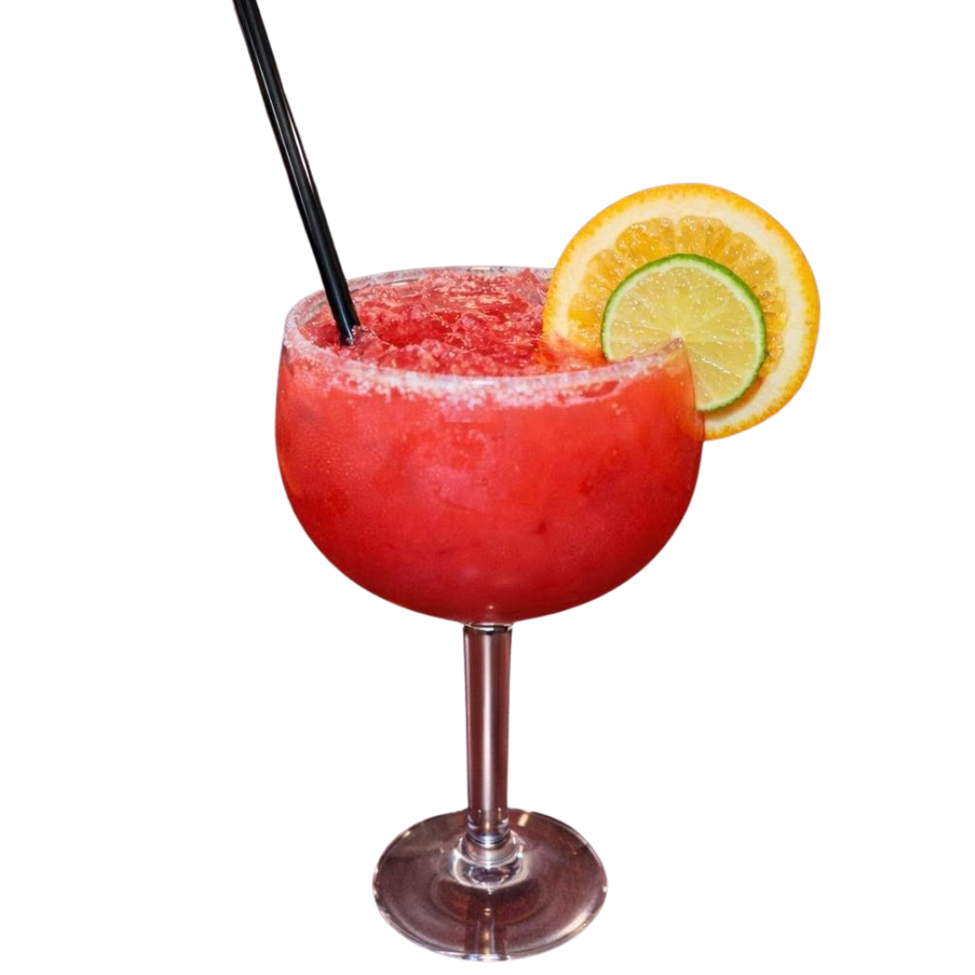 Raspberry margarita in a stemmed glass with a black straw and lemon orange garnish on the rim