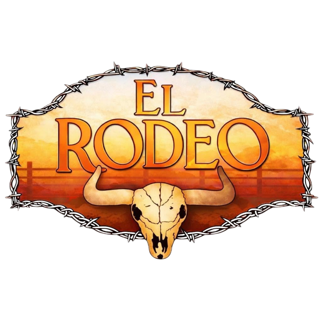 El Rodeo logo with orange sunset, barbed wire border, and steer skull centered below the text