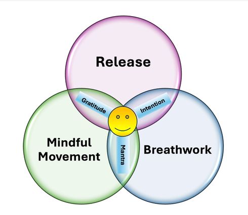 a venn diagram connecting mindful movement breath work and release with gratitude, intention and mantra