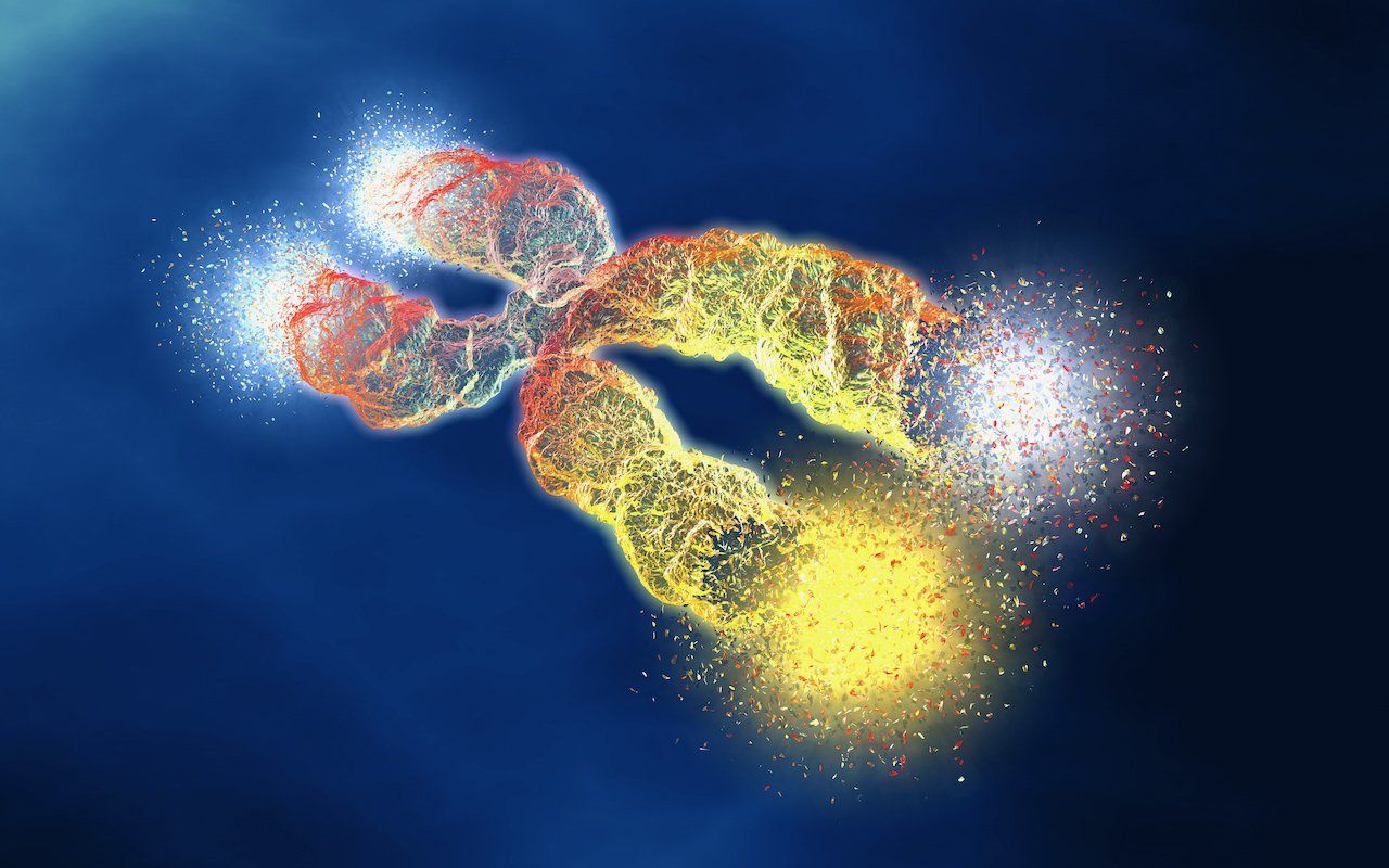 A computer generated image of a chromosome on a blue background.