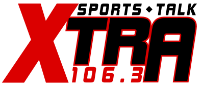 A red and black logo for xtra sports talk 106.3