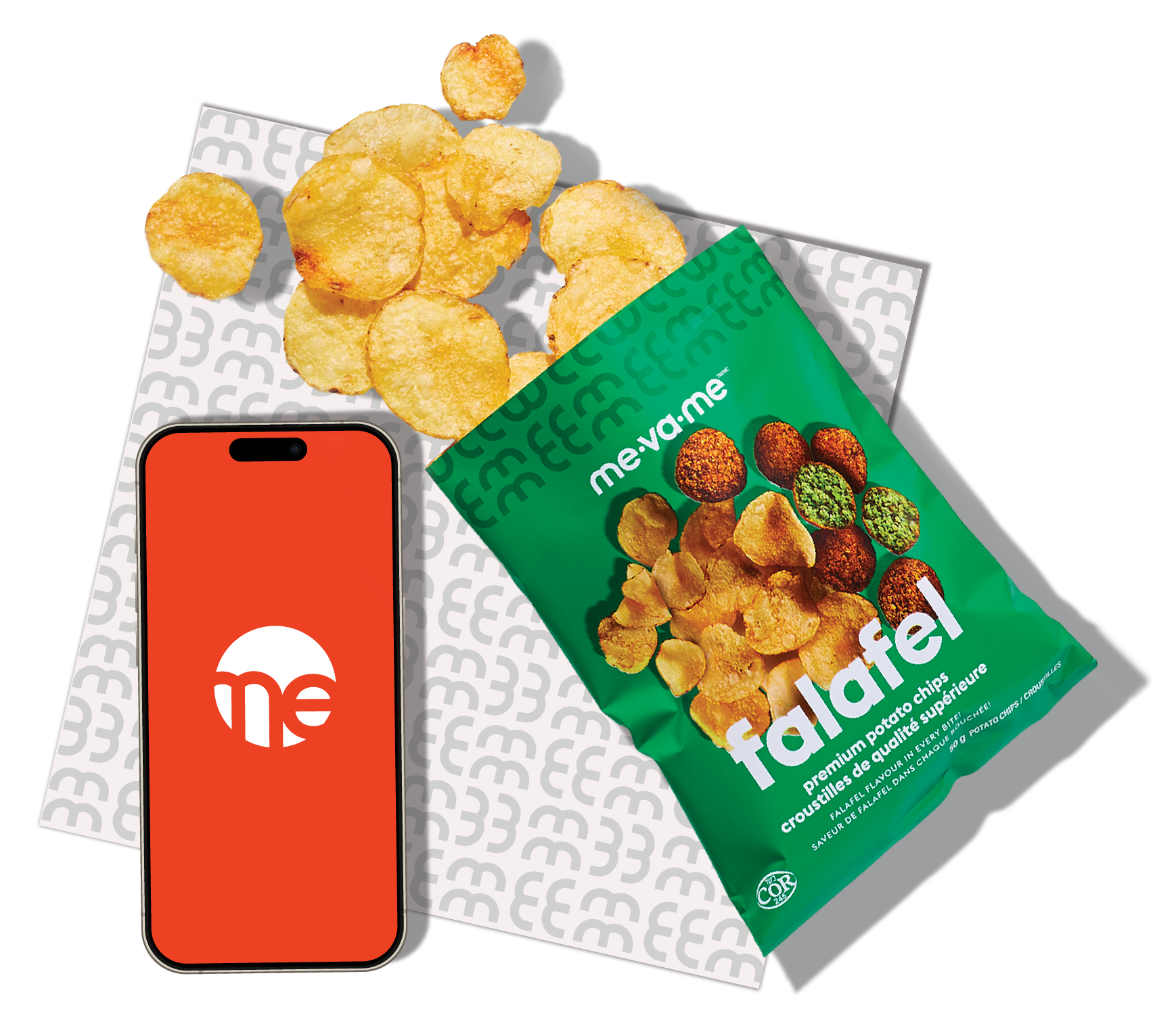 A bag of falafel chips next to a cell phone.