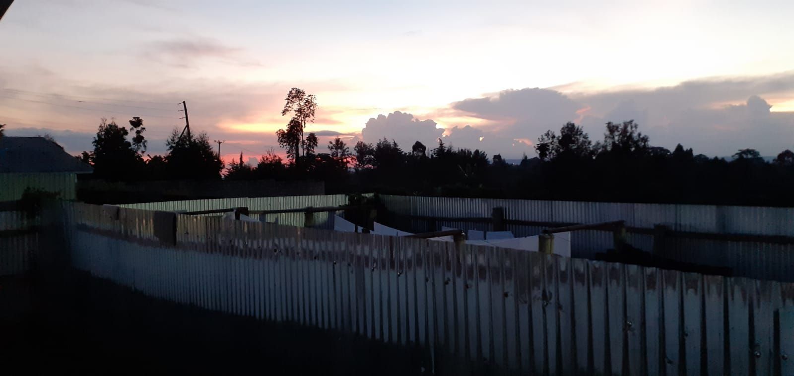 A sunset over a fence with trees in the background