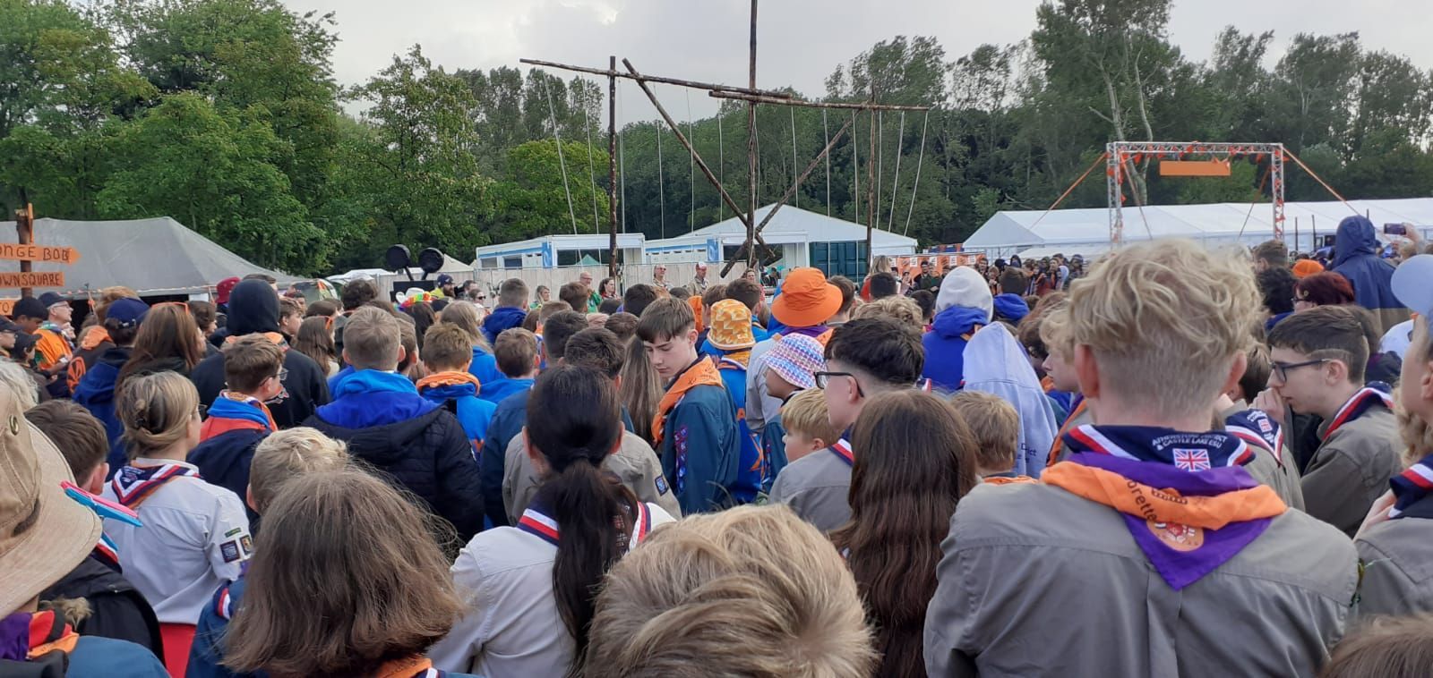 A large group of people are standing in a field.