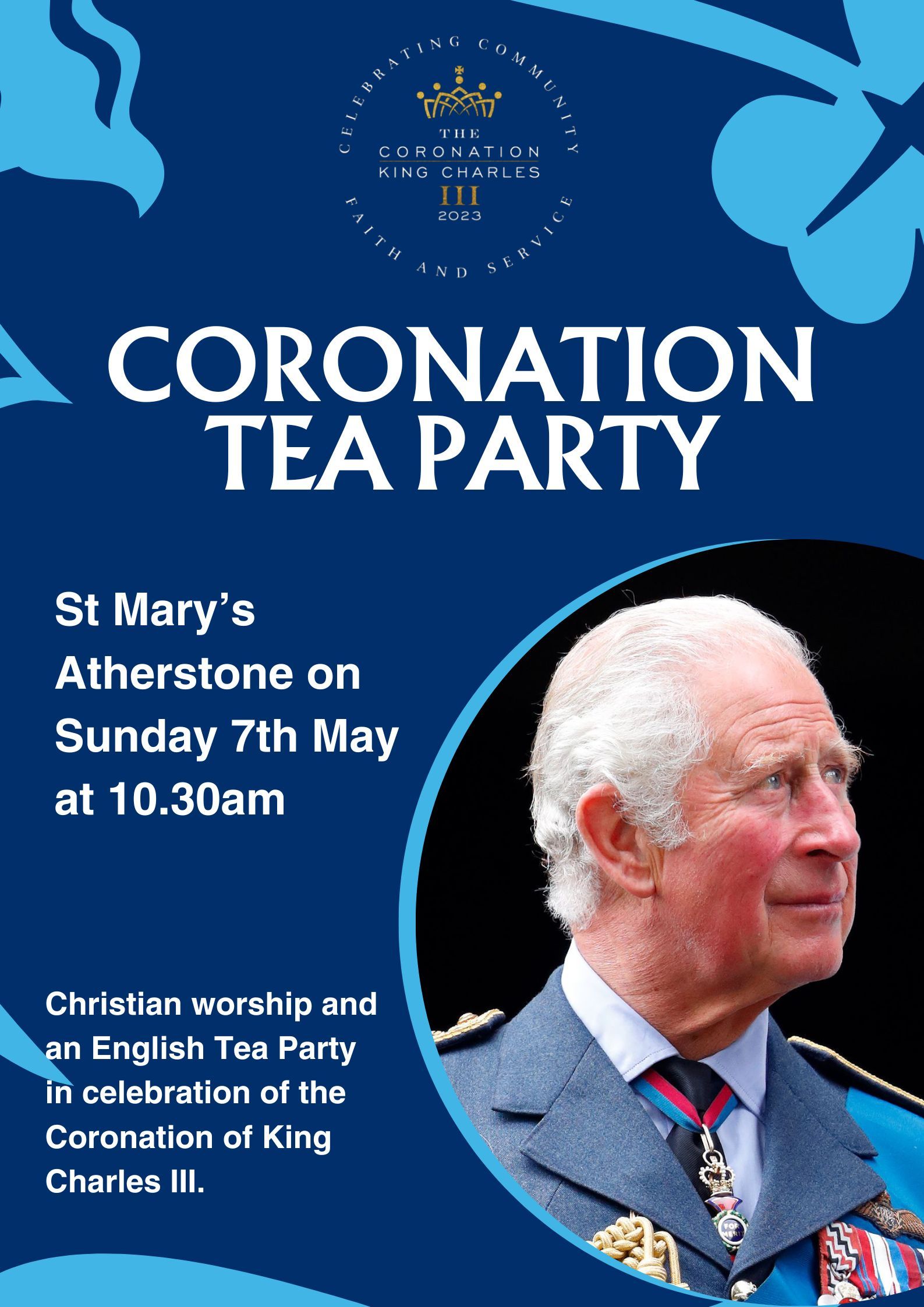 A blue poster for a coronation tea party