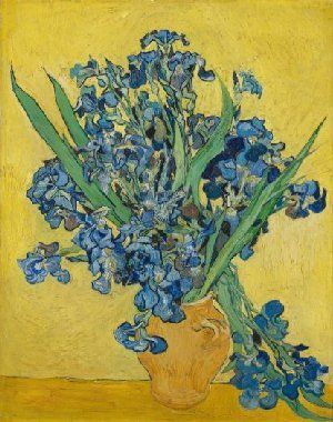 A painting of a vase filled with blue flowers on a table.